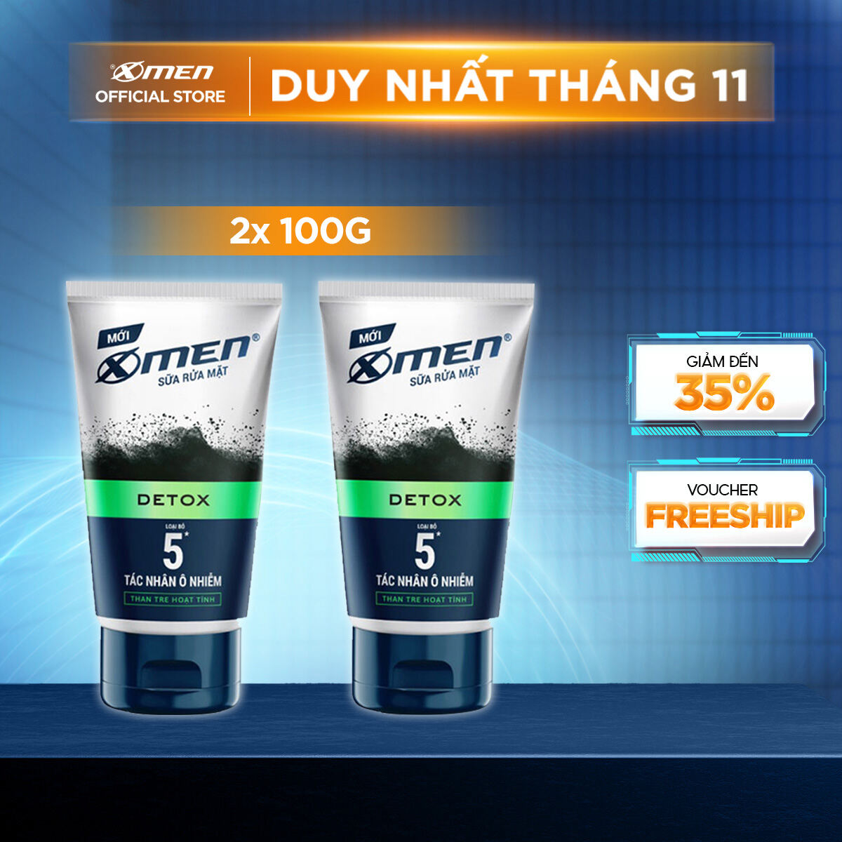 Combo 2 Sữa rửa mặt X-Men Go DETOX Than Tre Hoạt Tính 100g - Loại bỏ 5 tác nhân ô nhiễm