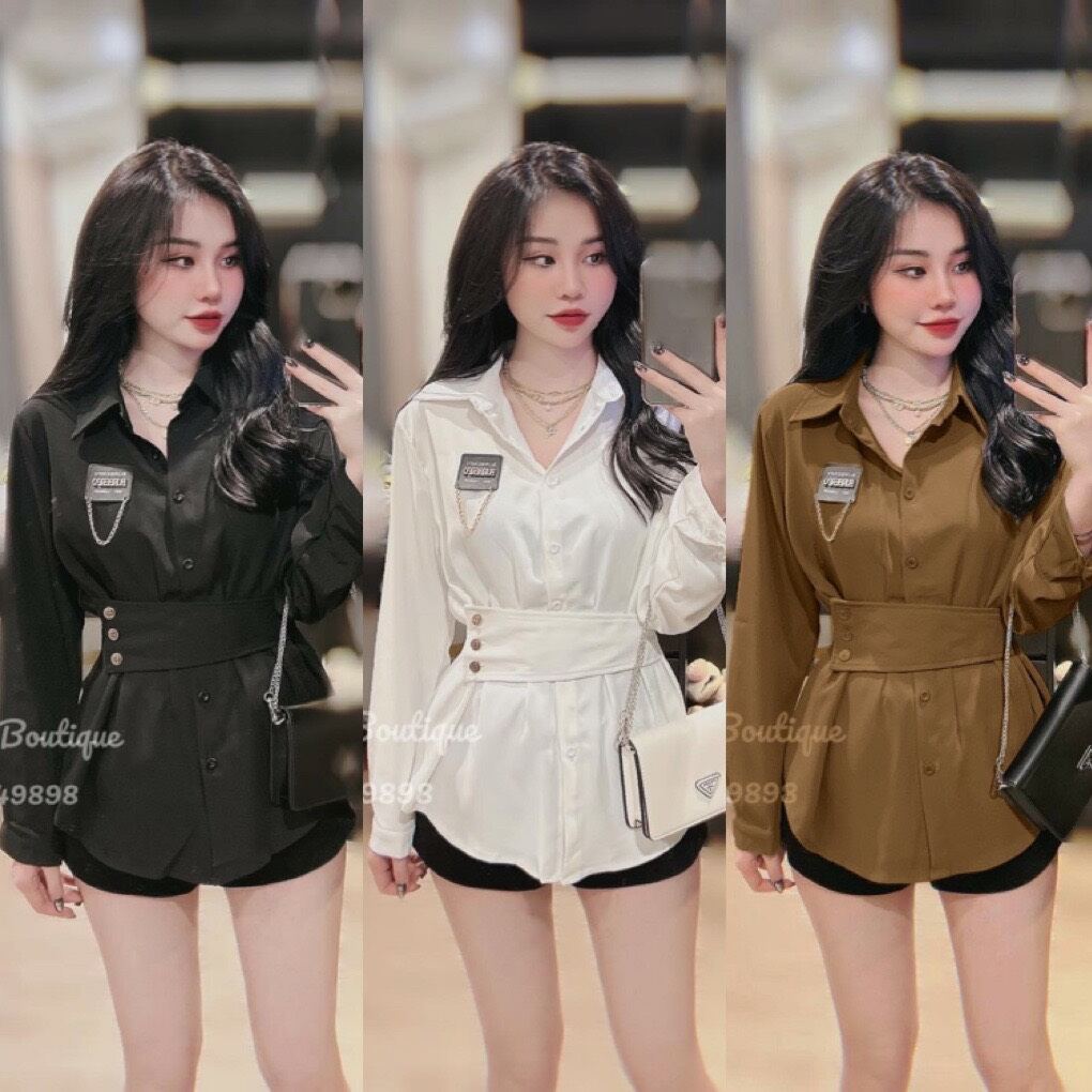 Sơ mi logo chun lưng, đai to thô tàu đẹp.Áo kiểu nữ dài tay trắng, đen, nâu dễ thương ❤️