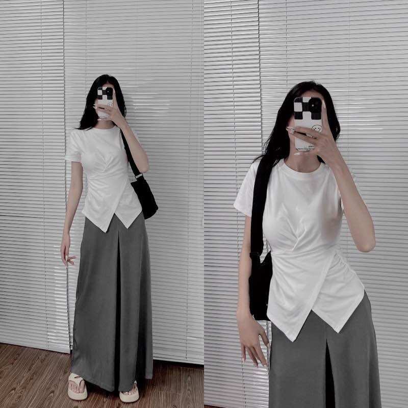 Áo thun cổ tròn Saly nhún eo đệm vai dáng basic
