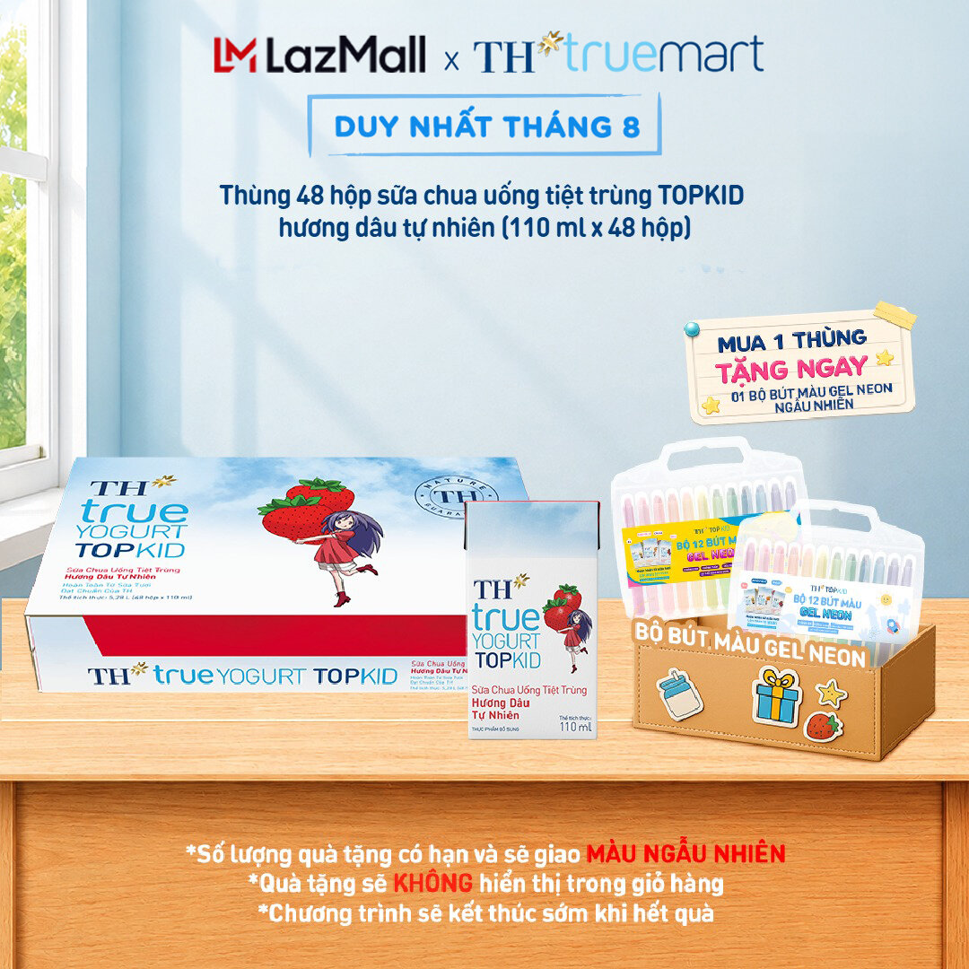 Thùng 48 hộp sữa chua uống tiệt trùng TH true YOGURT TOPKID hương dâu tự nhiên 110 ml (110 ml x 48)