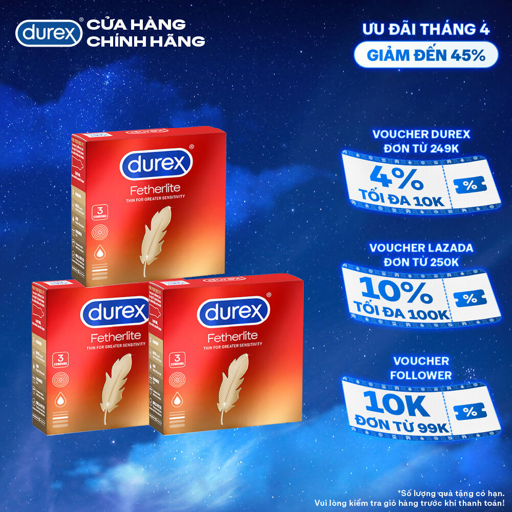 Bộ 3 hộp bao cao su Durex Fetherlite siêu mỏng, size 52.5mm, 3 bao/hộp