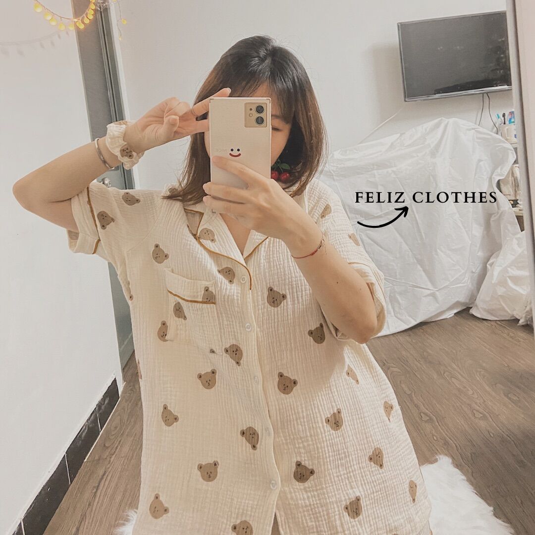 Pyjama xô muslin gấu cute (full bộ)