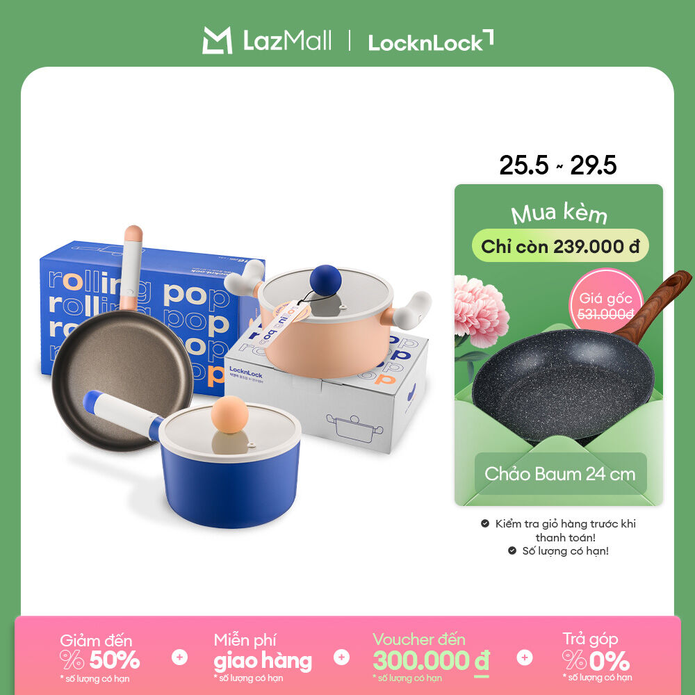 Nồi, Chảo chống dính LockLock Rolling Pop LOP nắp nồi thủy tinh - 16cm - 18cm - 22cm Dùng được trên bếp điện từ