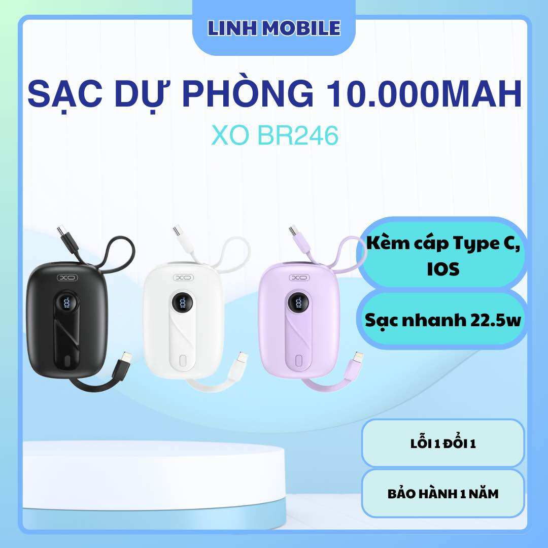 Sạc dự phòng sạc nhanh PD20W & 22.5W 10.000mAh kèm dây Type C và I P XO BR246