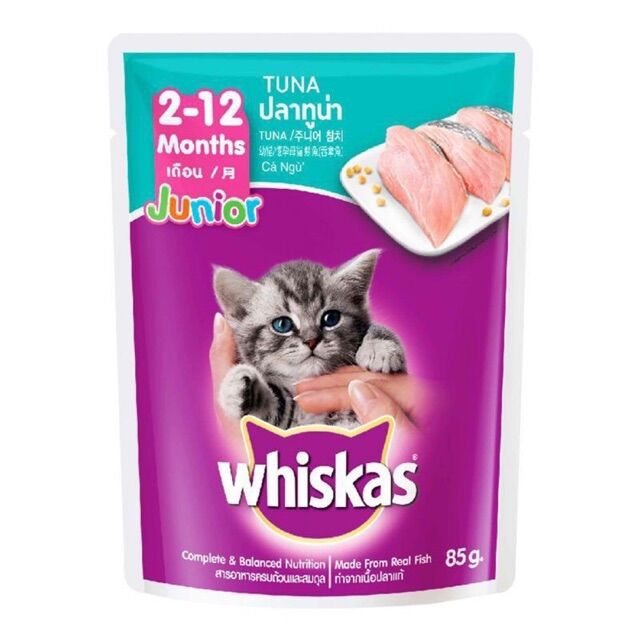 Pate cho mèo con whiskas junior túi 85g - 2 vị cá ngừ & cá thu