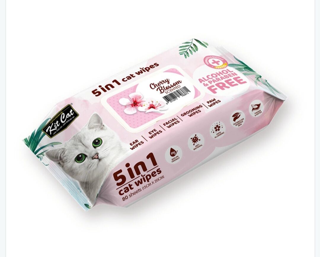 Khăn giấy ướt diệt khuẩn khử mùi cho Mèo Kitcat 5 in 1 Cat Wipes 80 miếng