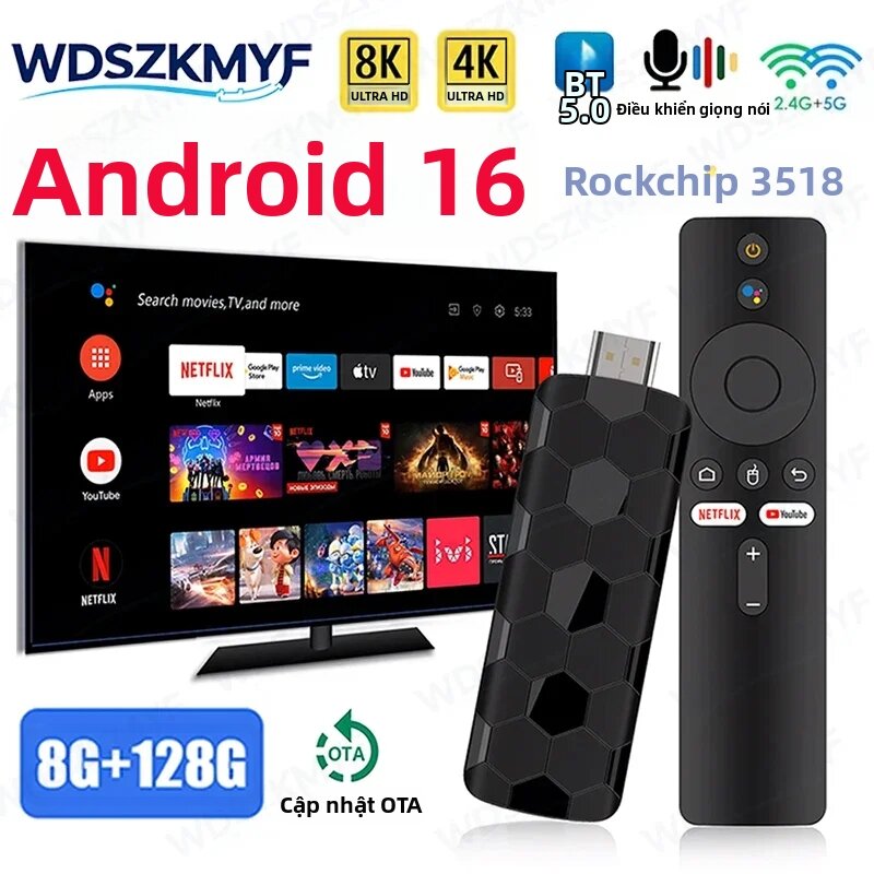 Thiết Bị Phát Trực Tuyến Android 16 TV Stick R3+ 4K UHD Wifi Kép 8GB+128GB Quad Core, Hỗ Trợ Netflix YouTube Với Ăng-ten Ngoài