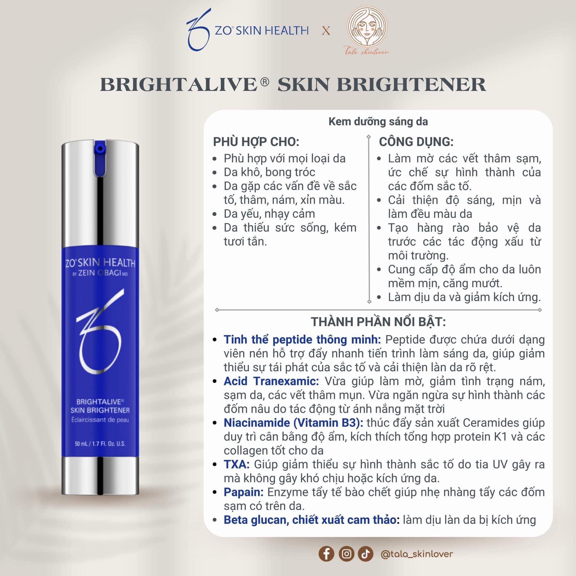 Kem dưỡng trắng da Zo Brightalive- 50ml