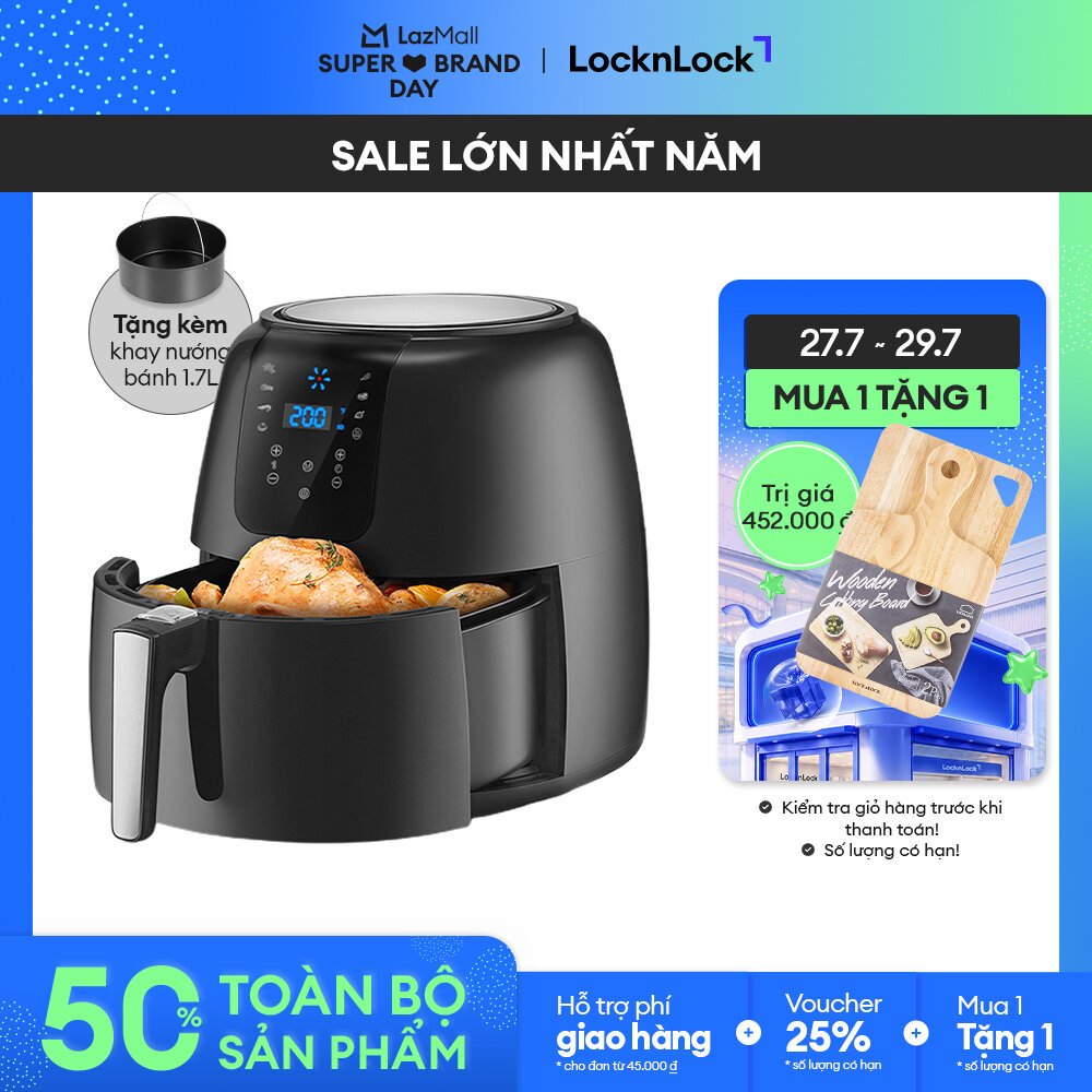 EJF296BLK - Nồi chiên không dầu LockLock Super Jumbo 7.2L - 7 chế độ nấu, Tỏa nhiệt đối lưu 360, Tặng kèm khay bánh - Bảo hành 2 năm