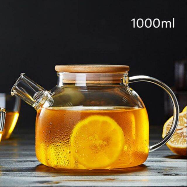 Ấm trà hoa thủy tinh nắp gỗ 1L