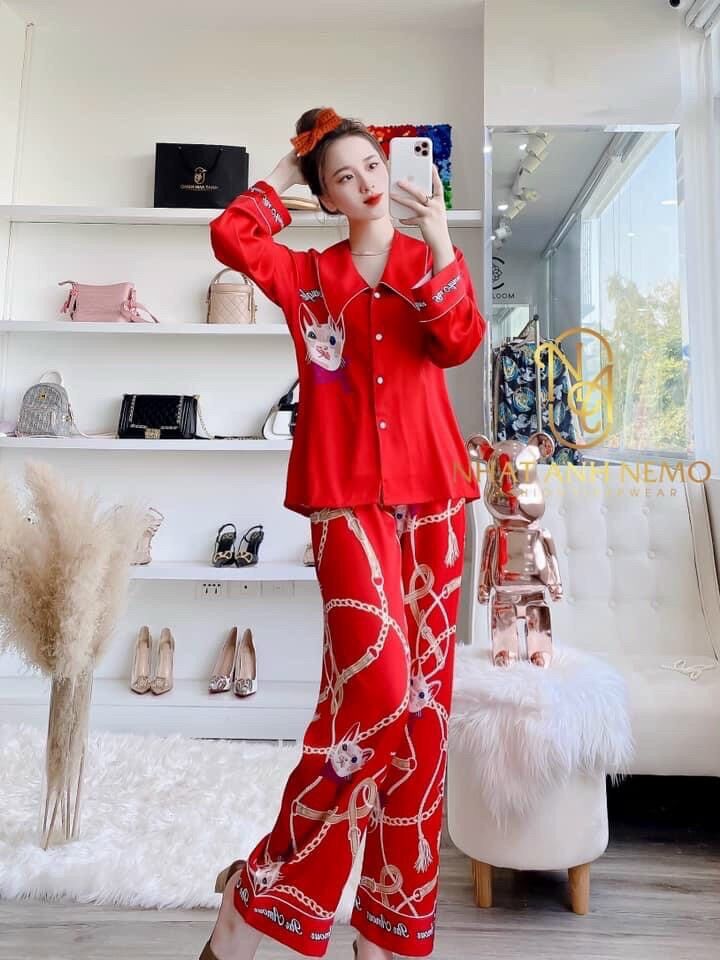 Bộ pịama tay dài quần dài lụa cao cấp hoạ tiết xinh xắn