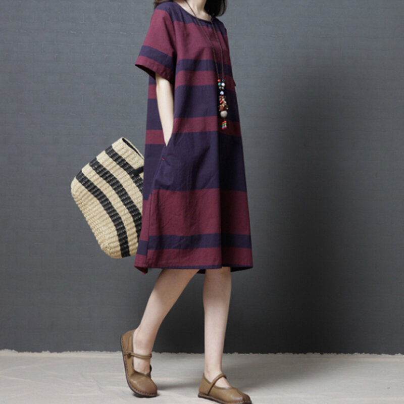 Summer 2021 New Artistic Large Size Casual Short Sleeve Cotton and Linen Skirt Fashion Slimming Loose Linen Dress