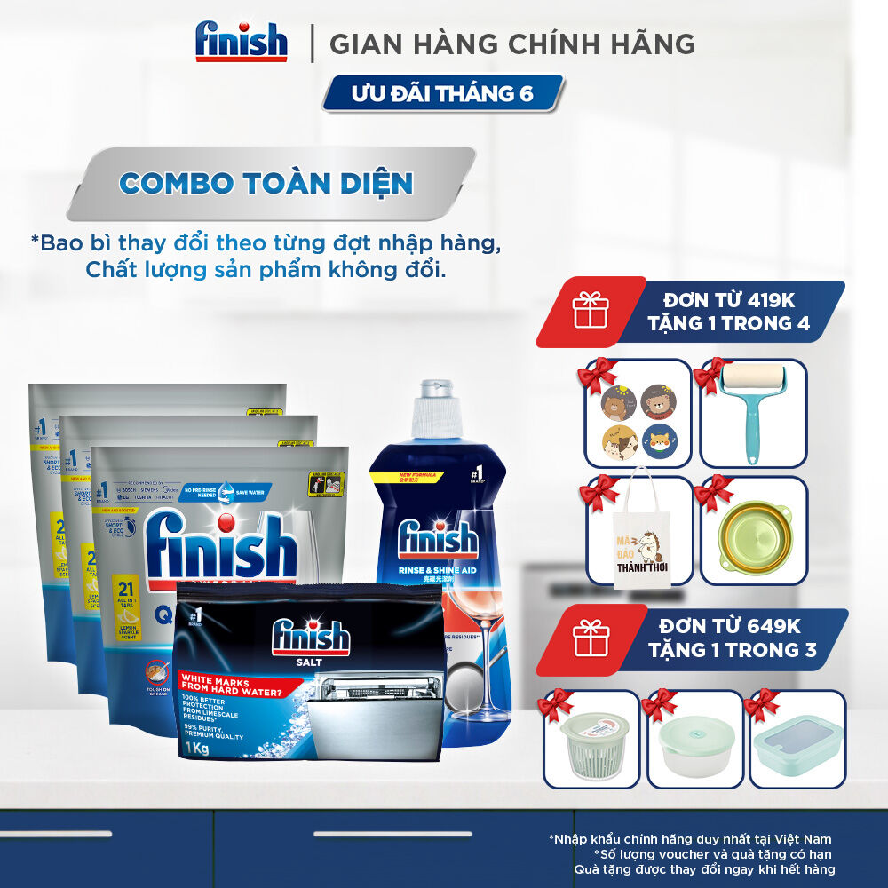 Combo Finish nâng cao: Bộ 3 túi viên rửa chén Quantum 21 viên + Nước làm bóng 500ml + Muối rửa chén bát 1kg