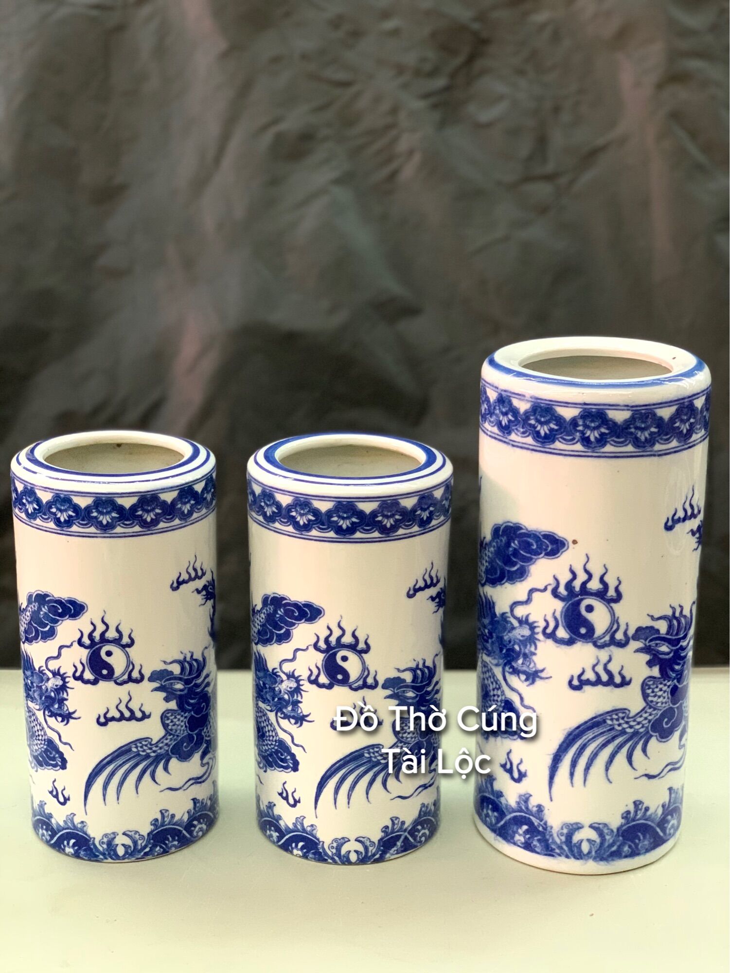 Ống cắm hương thờ men lam gốm sứ bát tràng