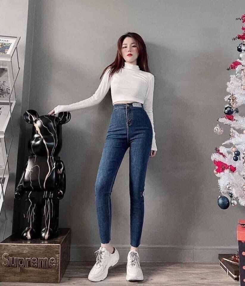 Quần jean nữ cạp lưng cao gắn khoen bên eo phom ôm co dãn thỏa mái