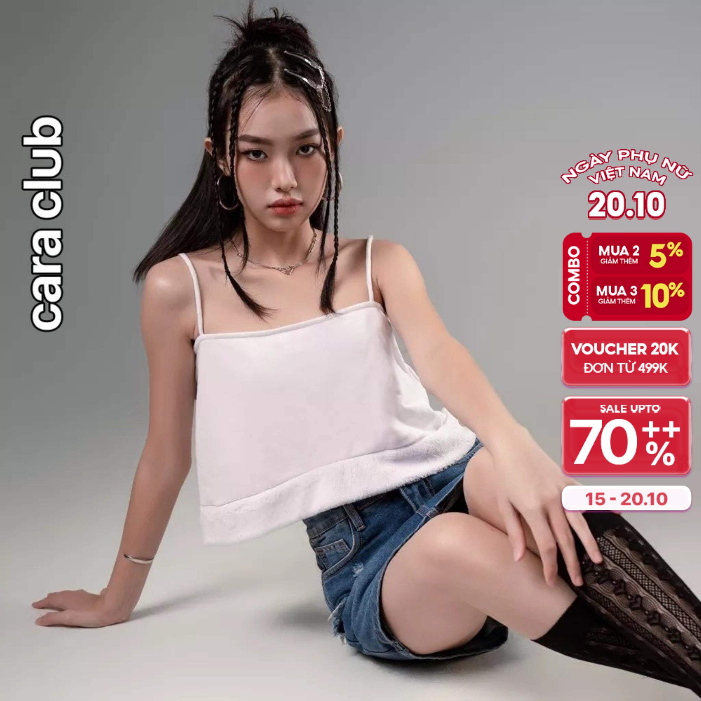 CARA Áo croptop nữ Fur dáng hai dây họa tiết trơn dễ thương