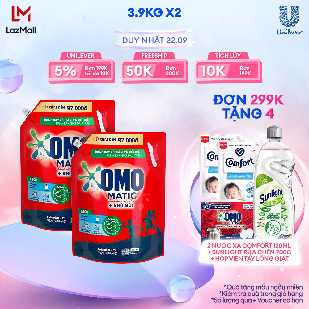 Combo 2 túi Nước giặt OMO Matic Sạch bẩn khử mùi toàn diện cho máy giặt cửa trên 3.9kg