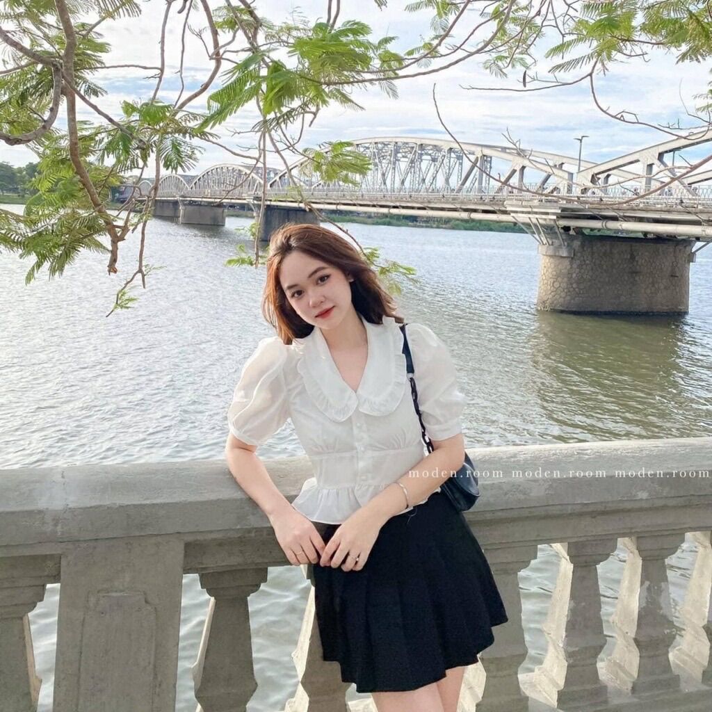 Áo sơ mi nữ cộc tay croptop cổ sen bèo