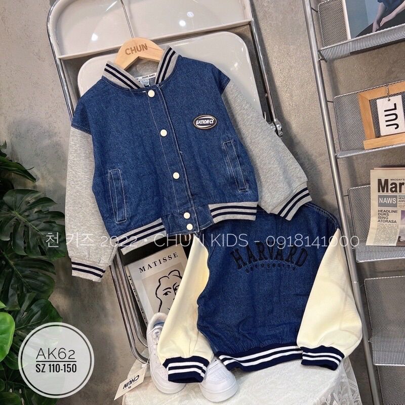 Áo bò bomber phối tay nỉ cho bé 8-22kg