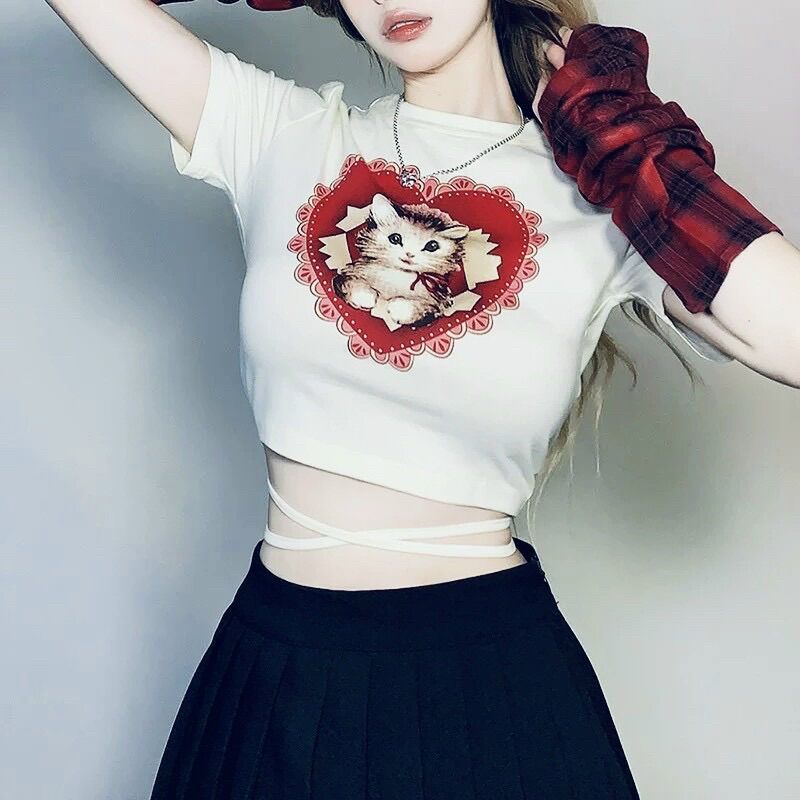 Áo croptop trái tim mèo quấn eo BG