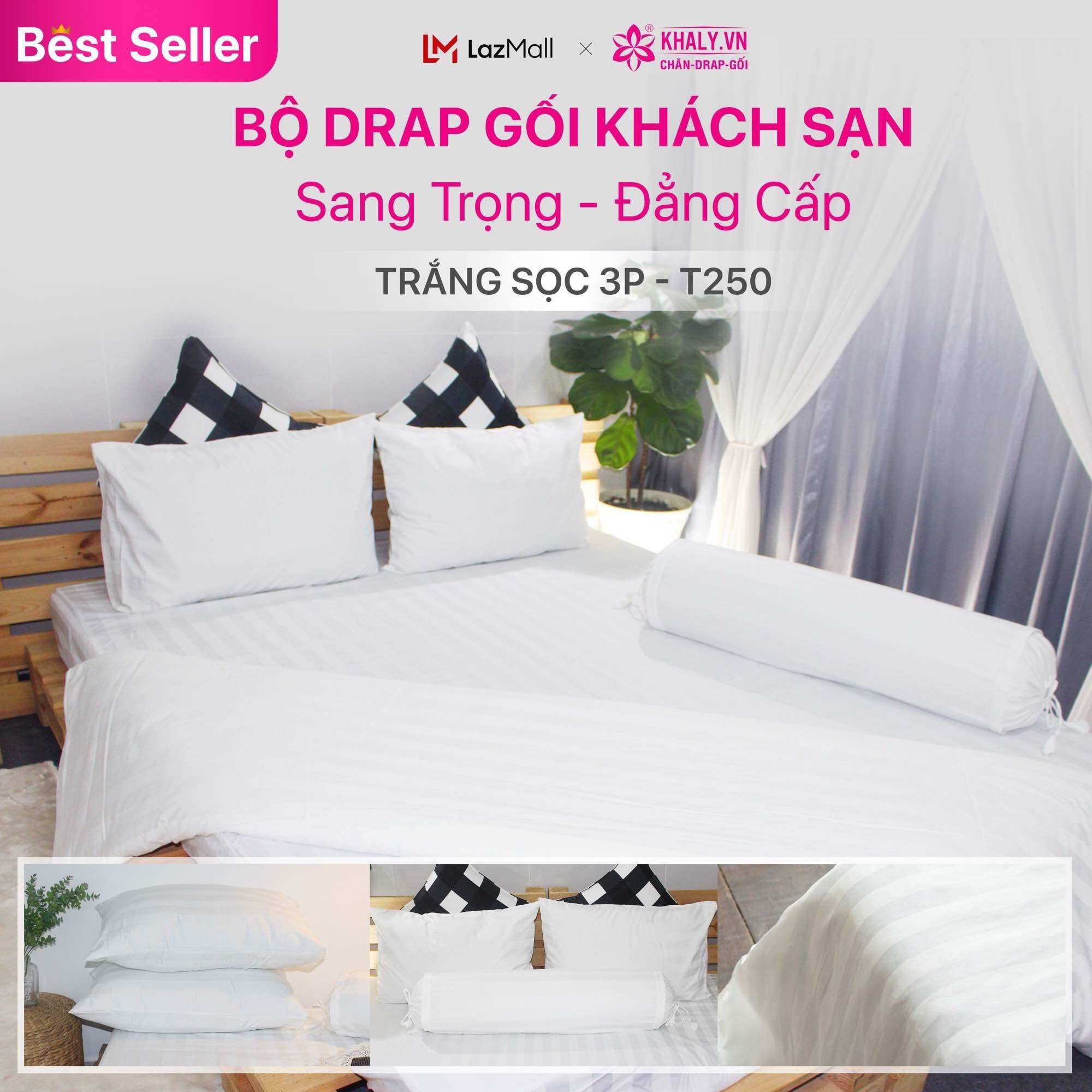 Bộ drap gối kha ly - sọc trắng 3p cao cấp 4 sao khách sạn, resort, homestay- vài dầy dặn sang trọng, đẳng cấp