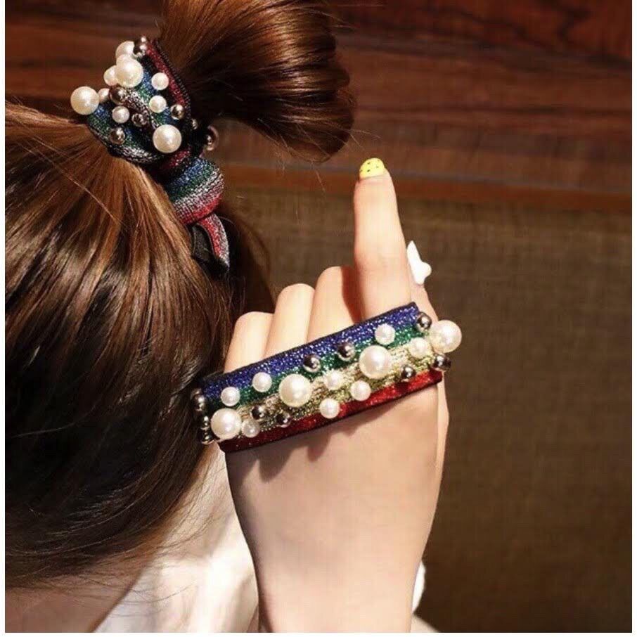 🔥 set 5 sợi dây cột tóc sắc cầu vòng hạt ngọc