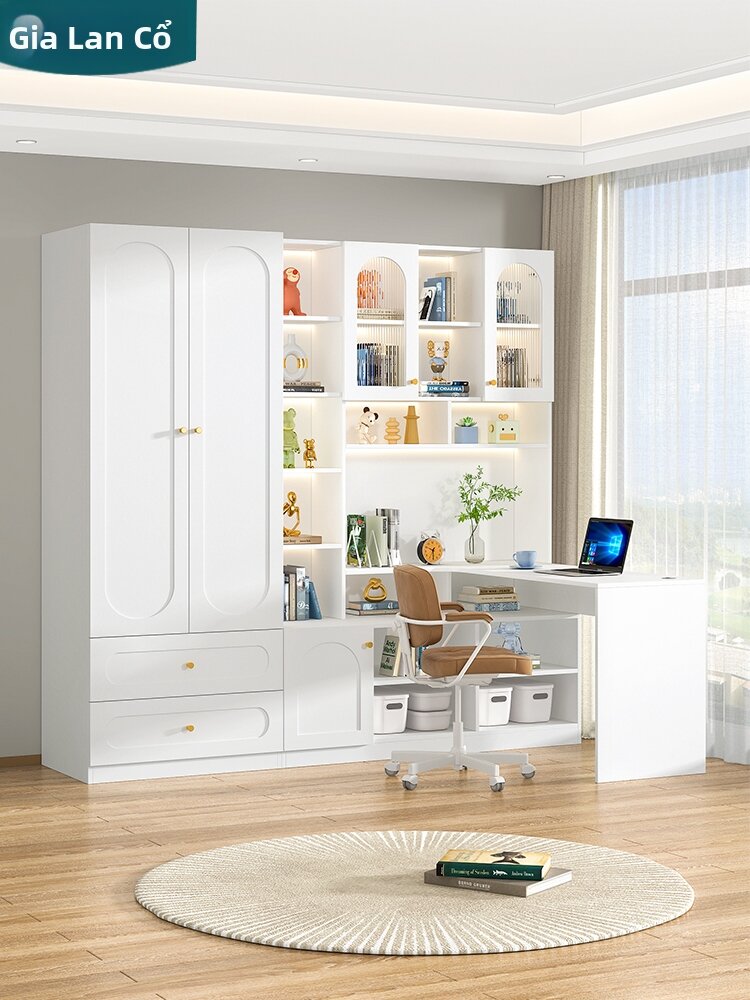JIALANGE | Cream Style Bedroom Corner Desk with Wardrobe and Bookshelf Giá 23,621,000 Đồng*Miễn phí vận chuyển