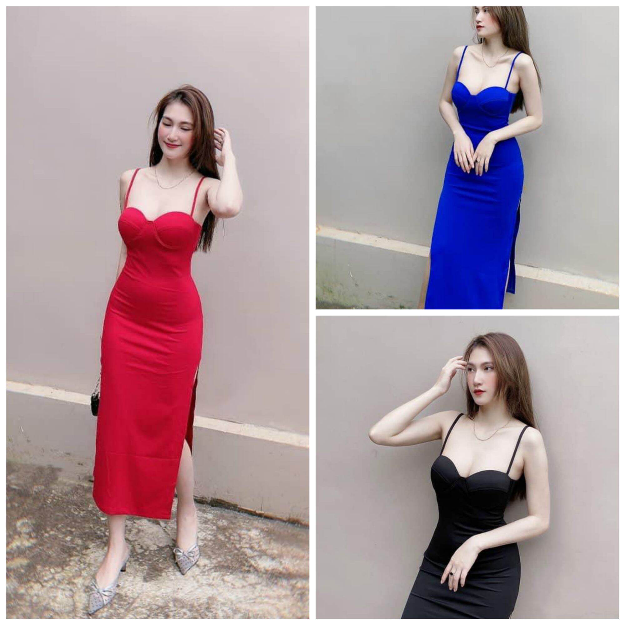 Váy đầm body 2 dây xẻ tà 2 bên chất liệu umi cao cấp loại 1