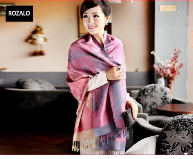 Khăn quàng cổ cashmere bản lớn hồng đậm hoạ tiết