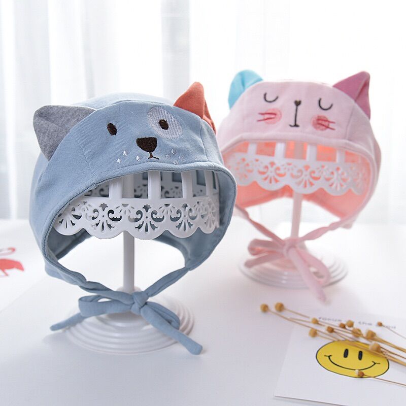 Mũ nỉ cotton 2 lớp buộc dây cho bé 1-6 tháng
