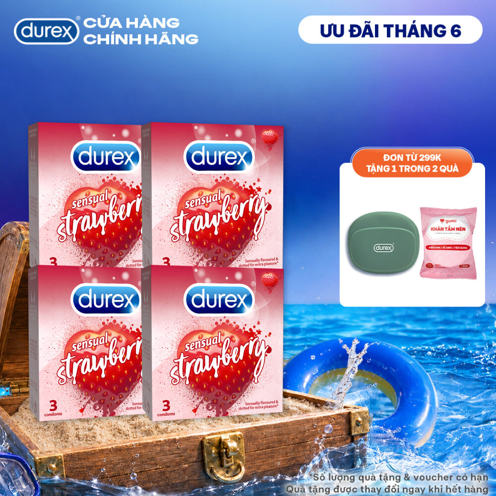Bộ 4 hộp bao cao su Durex Sensual Strawberry hương dâu (size 52mm, 3 bao/hộp)