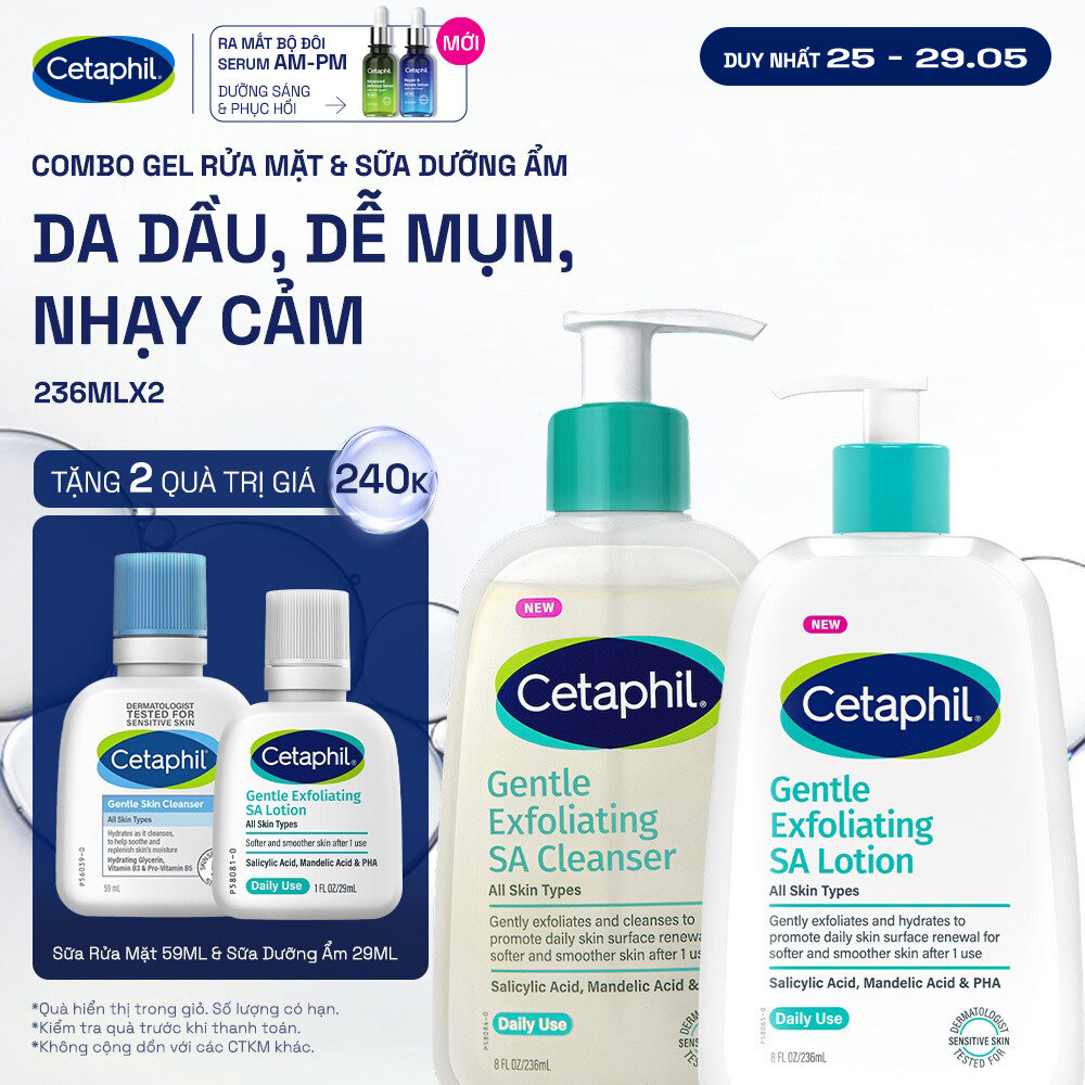 Combo Gel rửa mặt làm sạch dầu nhờn, ngăn mụn và Sữa dưỡng ẩm tẩy tế bào chết dịu nhẹ cho da dầu, mụn, nhạy cảm SA 236ml