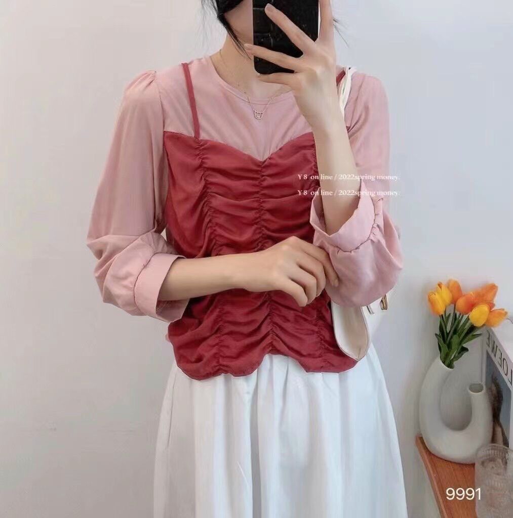 Áo sơ mi kiểu dài tay rúm eo cổ tròn dáng lửng - Lumii