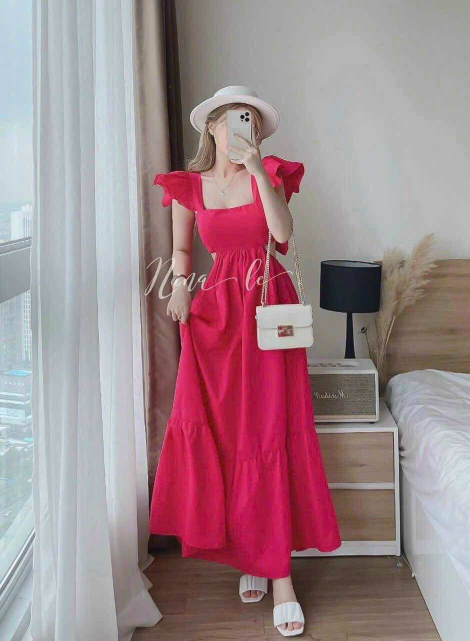 Đầm maxi khoét eo dây cột nơ lưng trẻ trung