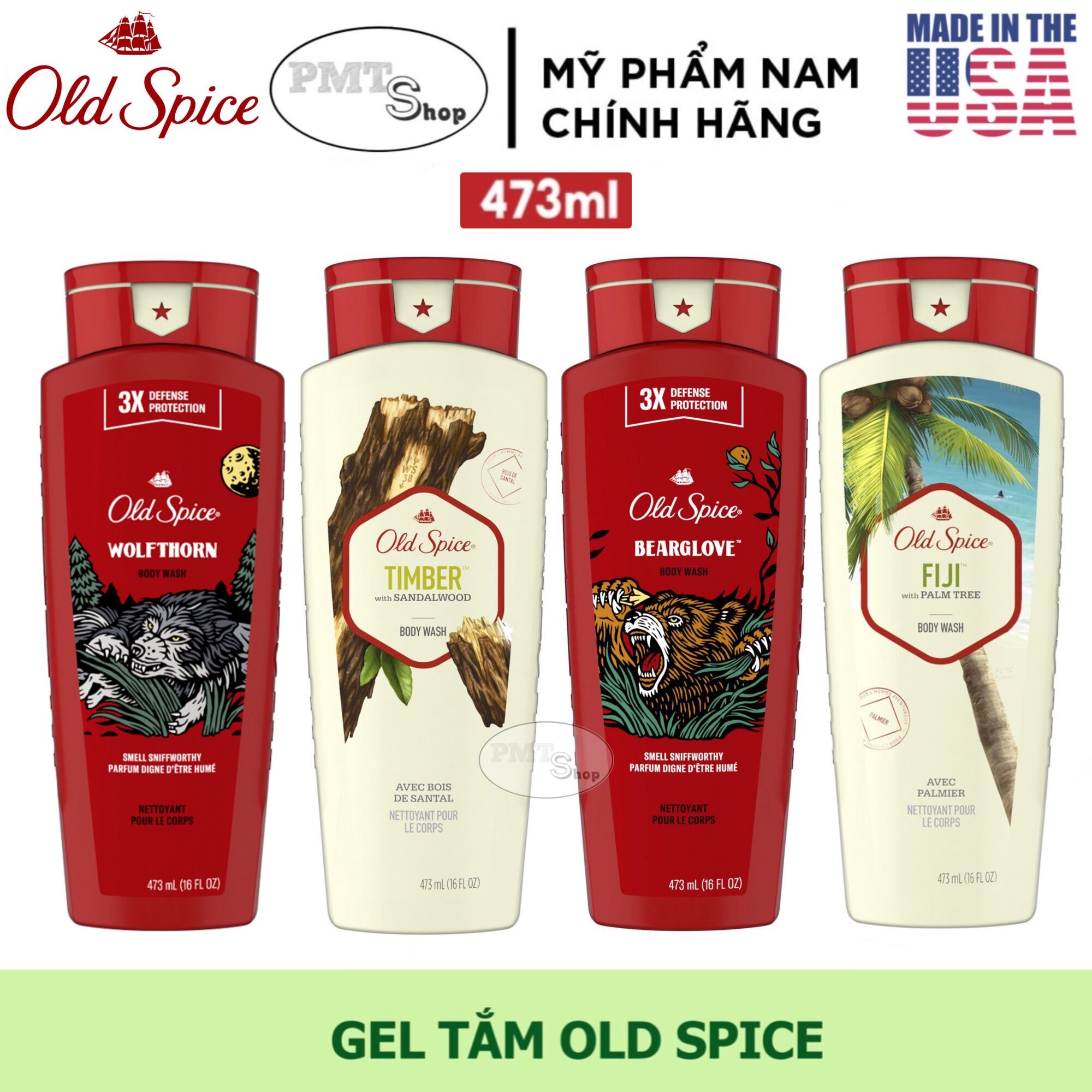 Sữa tắm nam Gel Old Spice 473ml Timber | Bearglove | Swagger | Fiji | Wolfthorn | Tắm gội 2in1...