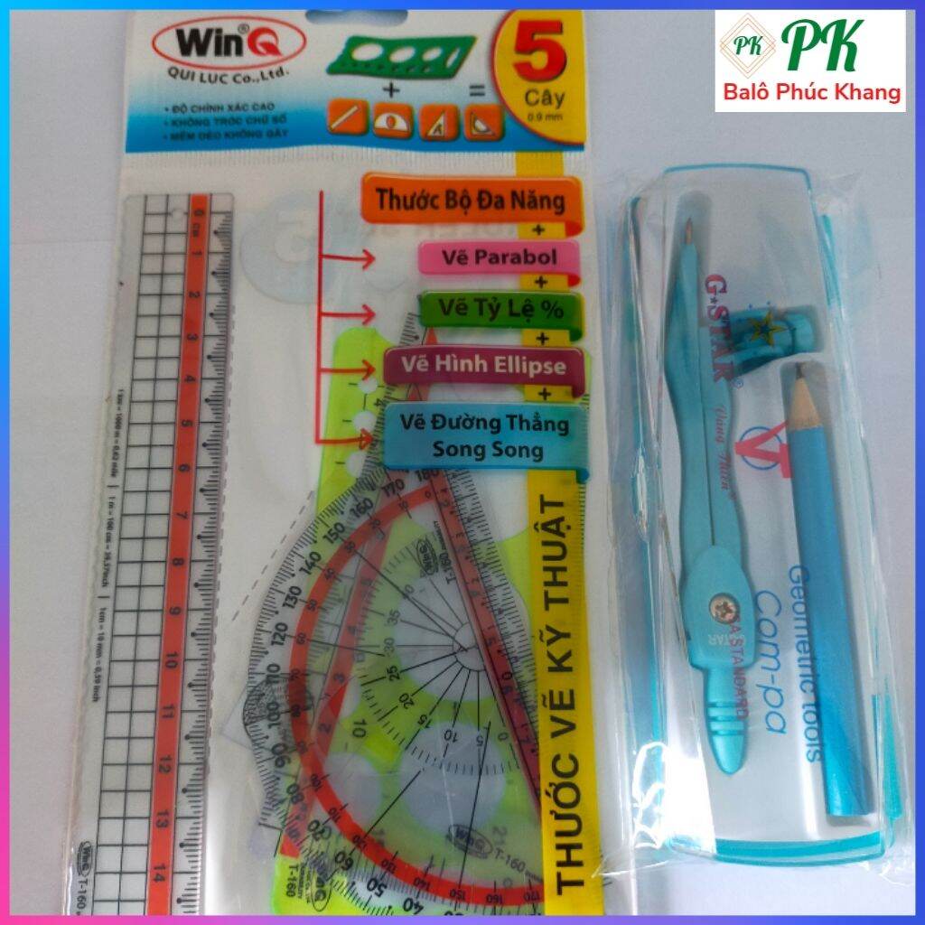 Combo 1 Bộ  Thước  Hình Học và 1 Cây Compa