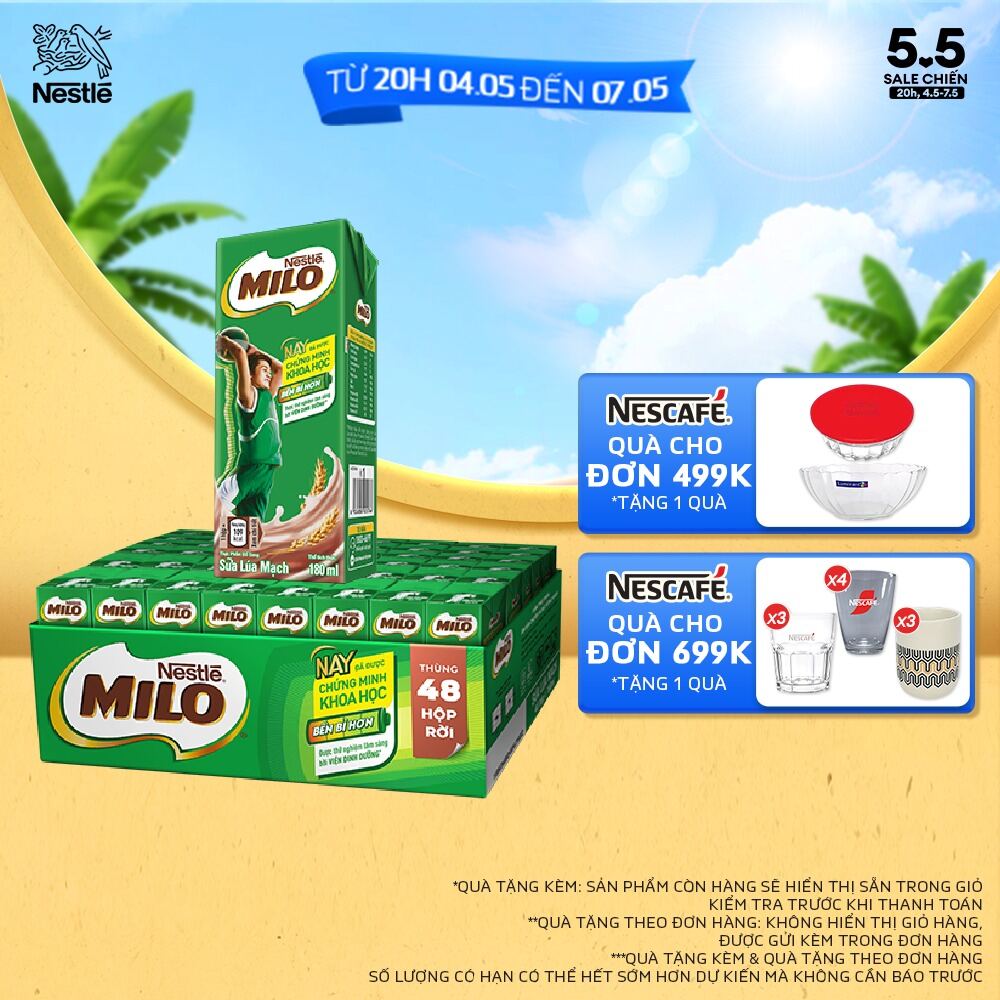 [ƯU ĐÃI THÁNG 4] [Giao hàng toàn quốc][Không màng co] Sữa lúa mạch Nestlé® MILO® thùng 48 hộp x 180m