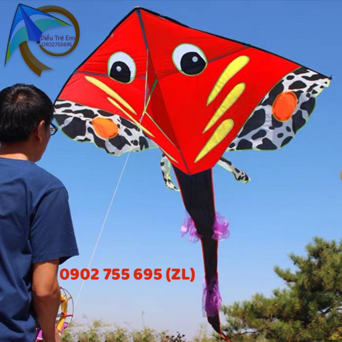 Diều cá đuối lớn - Tặng tay cầm thả diều 150m dây + túi vải đựng diều