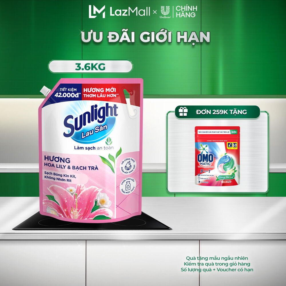 Nước lau sàn Sunlight Hoa Lily & Bạch Trà Túi 3.6kg | Tinh dầu Thảo mộc 100% | Hương thơm tinh tế