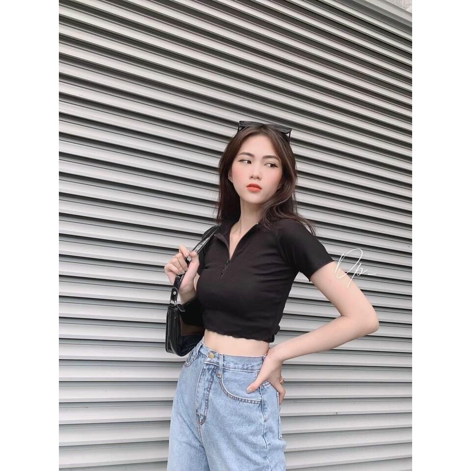 Áo croptop cổ dây kéo