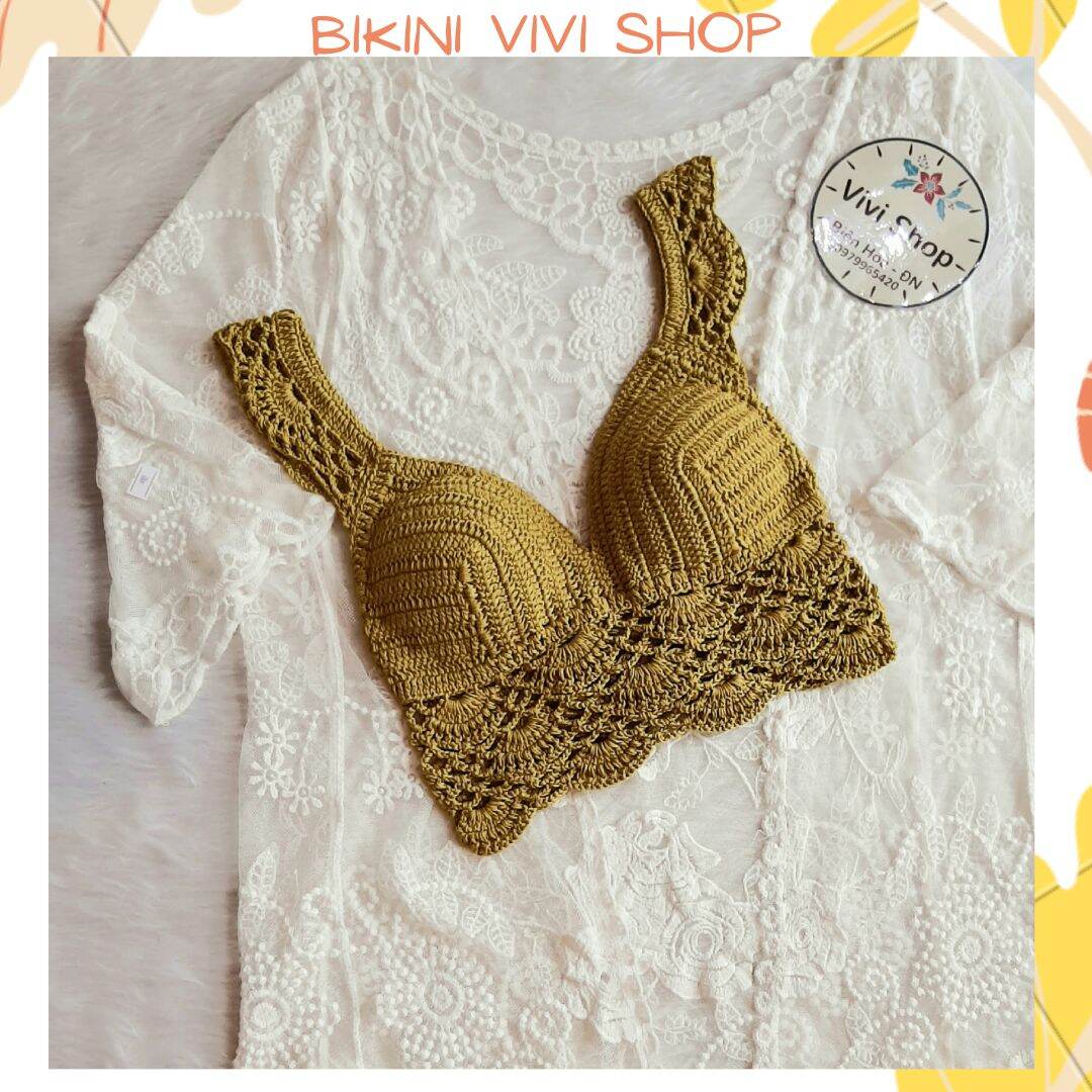 Áo len móc đi biển, bikini len đan tay cánh tiên màu xanh rêu