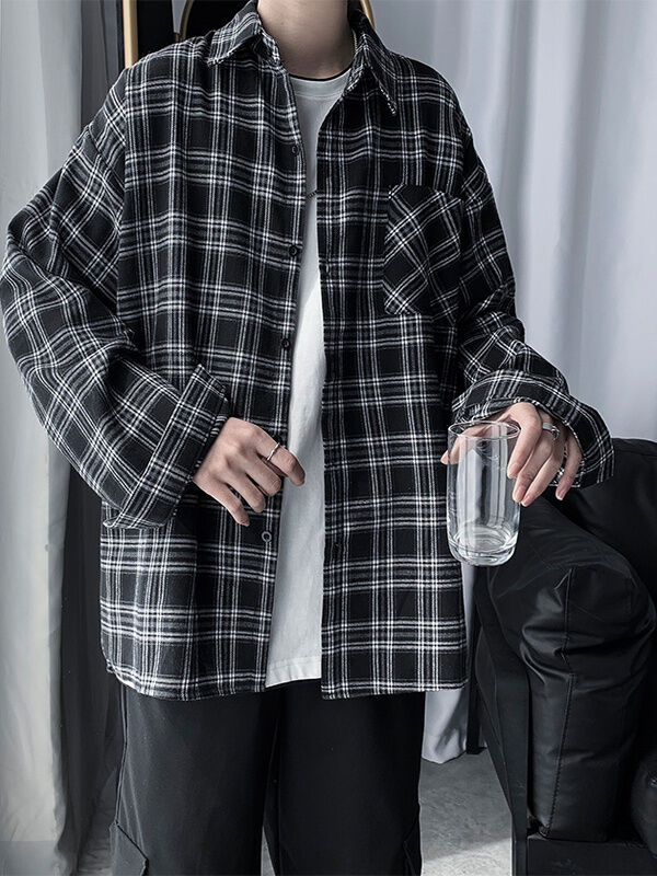 Áo Sơ Mi Nam Tay Dài Dáng Rộng Mùa Thu Kẻ Caro Đen Trắng Phong Cách Retro HongKong Đa Năng Áo Khoác Ngoài Thời Trang Mùa Thu