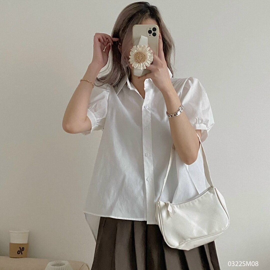 áo sơ mi cộc đuôi tôm xếp li lưng hàn quốc