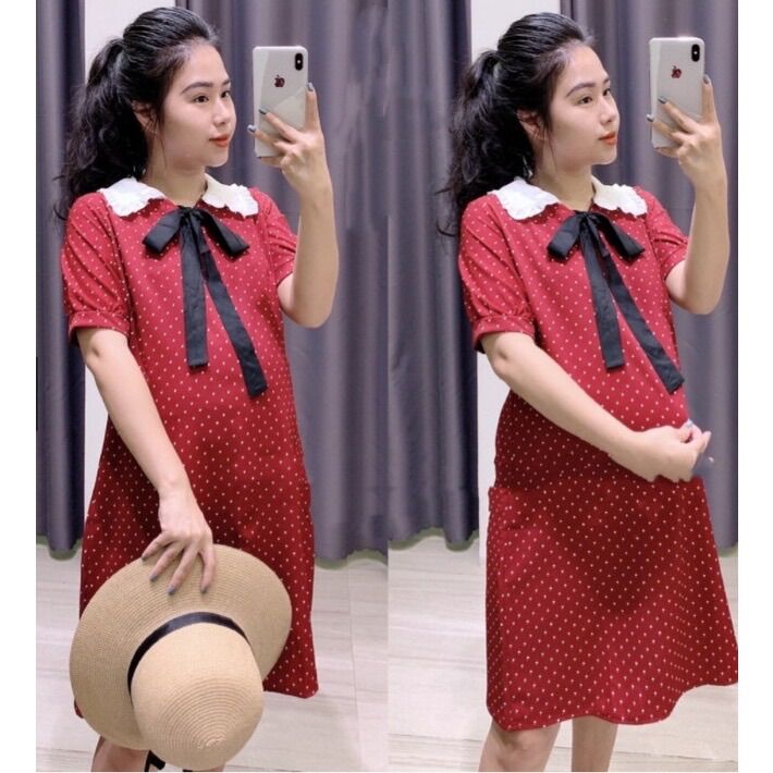 Đầm bầu công sở chấm bi đỏ dễ thương