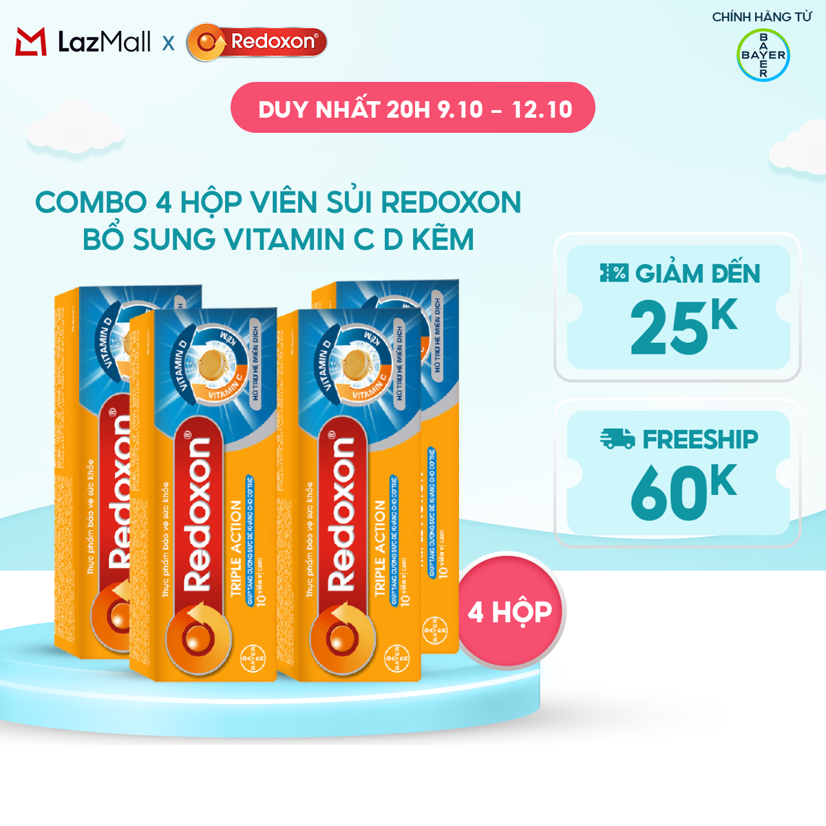 Bộ 4 Viên sủi bổ sung Vitamin C, D, và Kẽm Redoxon Triple Action 10 viên