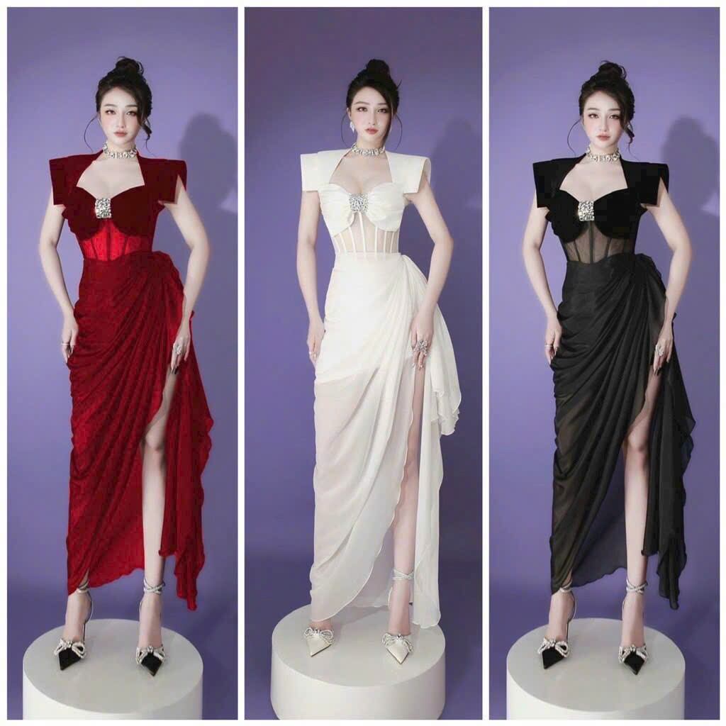 Đầm cổ u xếp ly phối bèo đính đá