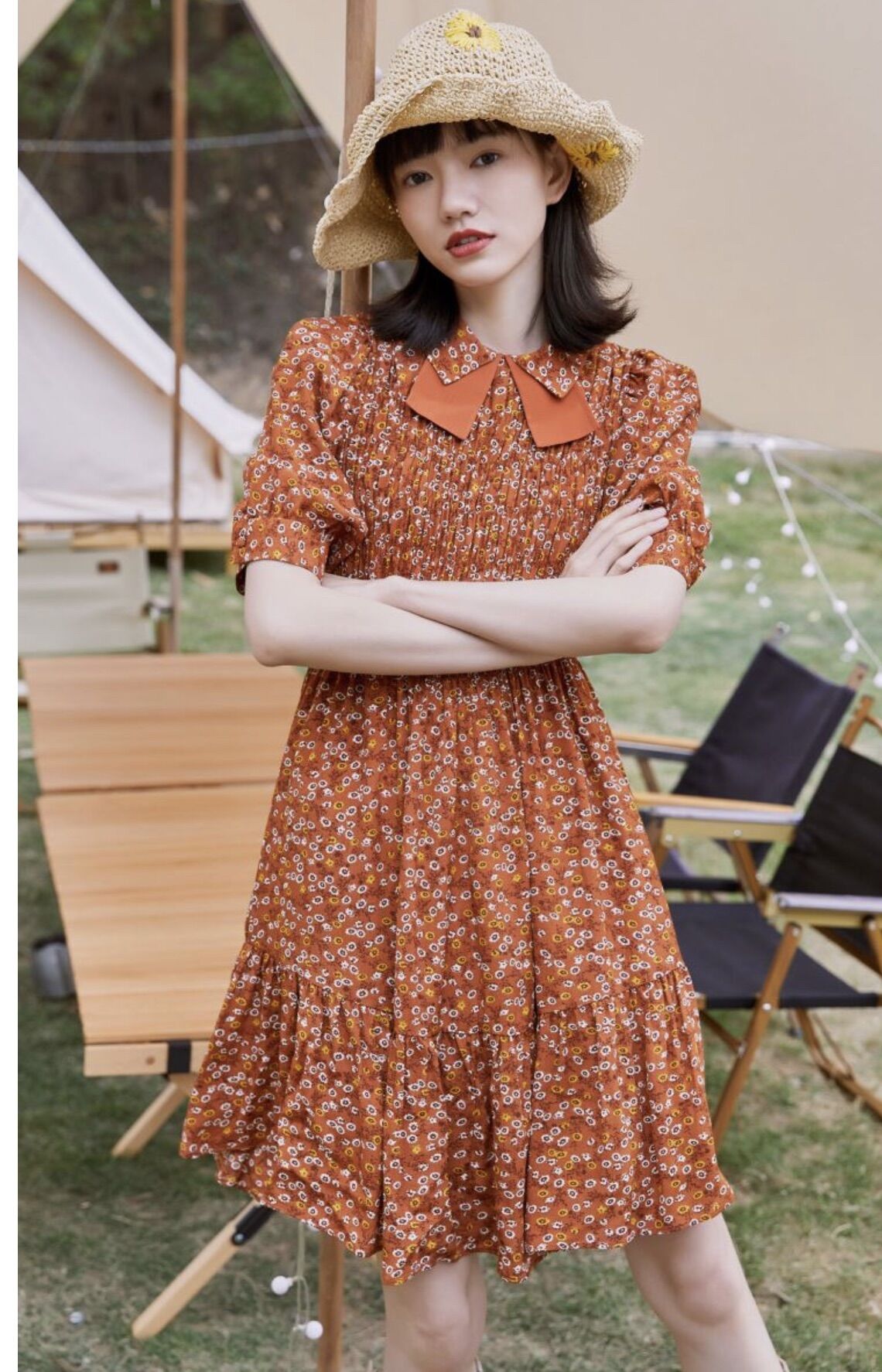 Vero moda đầm xếp tầng eo co giãn xếp li tay bồng cổ bẻ in hoa phong cách pháp new tem tag