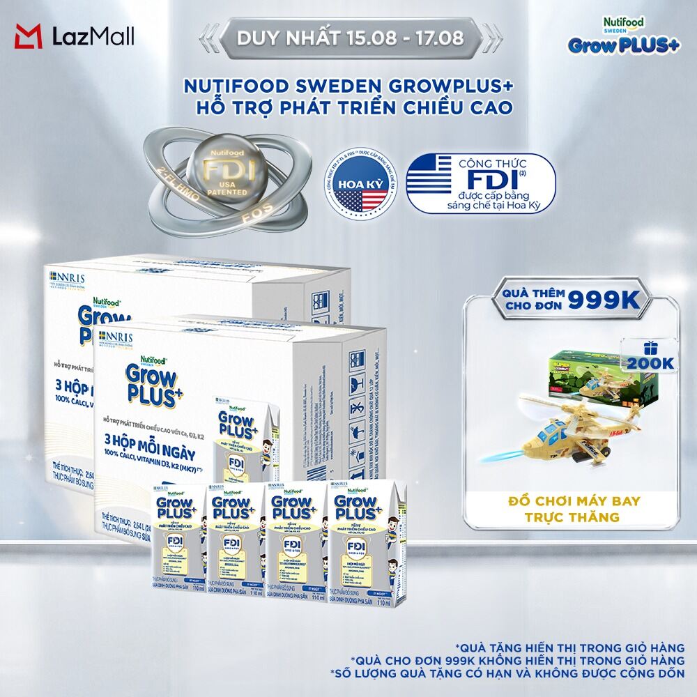 Combo 2 thùng Sữa Nước Pha Sẵn Nutifood Sweden GrowPLUS+ Cao lớn vượt trội - Hỗ trợ phát triển chiều cao - Trên 1 tuổi - 24 hộp x 110ml