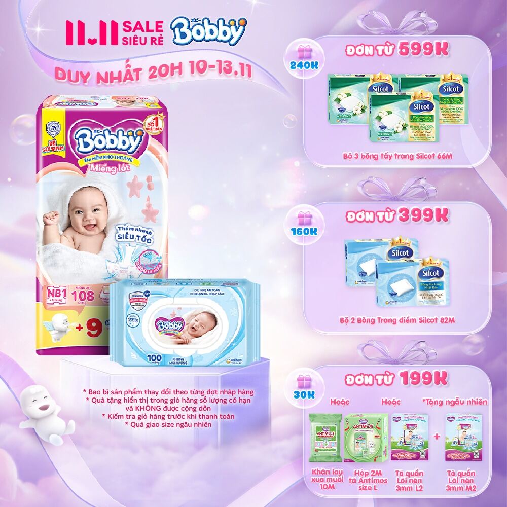 Combo 1 gói Miếng lót sơ sinh Bobby Newborn NB1 - 108 miếng và 1 gói Khăn ướt trẻ em Bobby Care Khôn