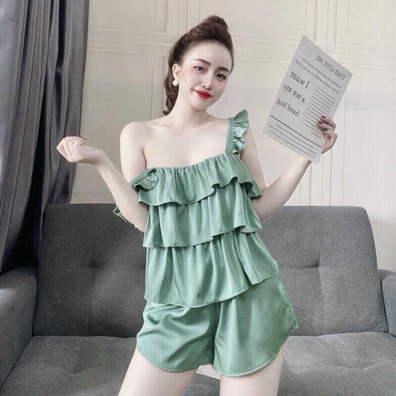 Bộ ngủ nữ áo 3 tầng tay bèo chất lụa satin
